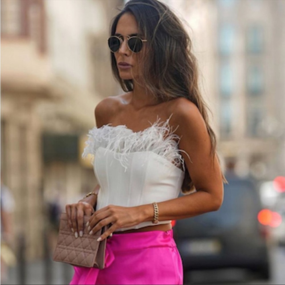 New Zara White Bustier Corset Top Feathered
